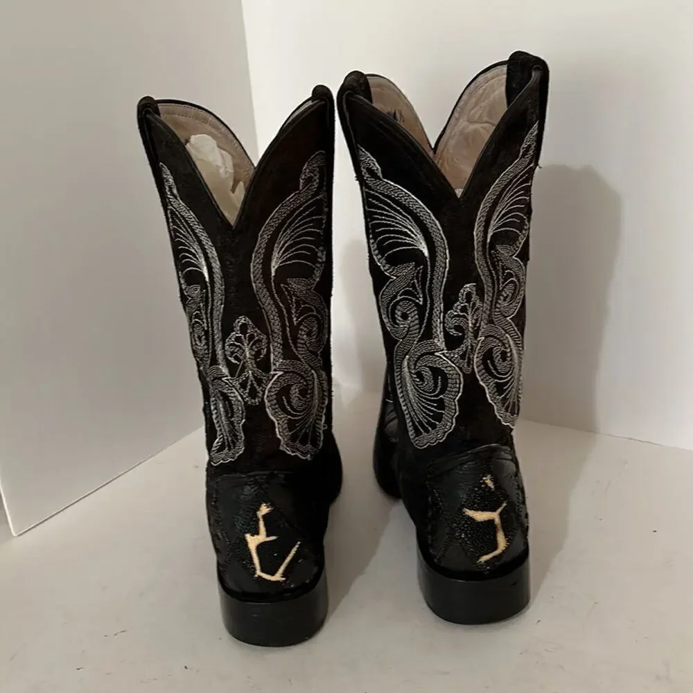 Olvera  Made in Mexico Black Leather Boots With White Butterfly Embroidery 6.5